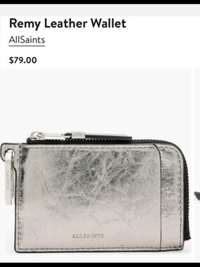 BNWT AllSaints Remy Leather Zip Card Wallet in Metallic Silver